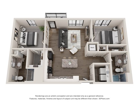 A 3D floor plan of a house with a kitchen, living room, and two bedrooms.